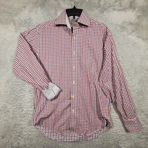 TD Mens Small Checkered Dress Shirt Long Sleeve Button Down Red Blue White